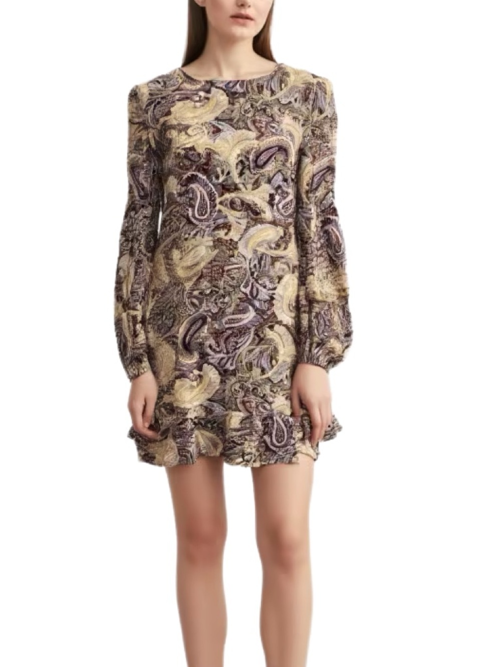 Sanctuary Paisley Shift Dress in Taupe and Purple with Ruffle Hem Size Small